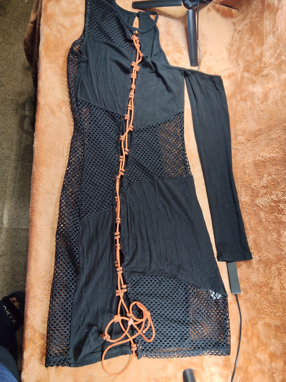 Black Mesh Panel Lace-Up Mini Dress with Orange Cord